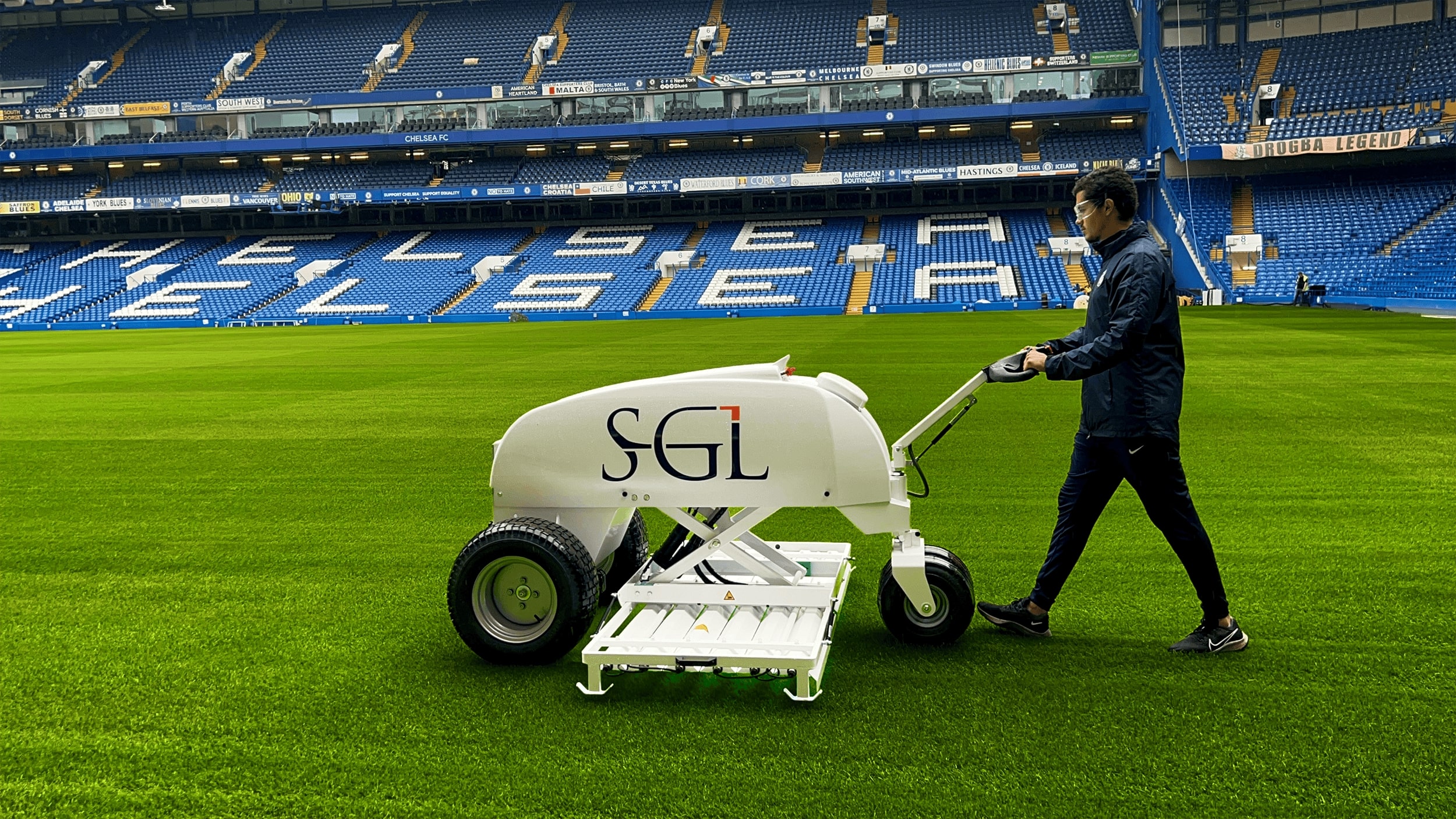 The SGL UVC180 in action treating the playing surface of Chelsea FC with plant-friendly UV-C technology