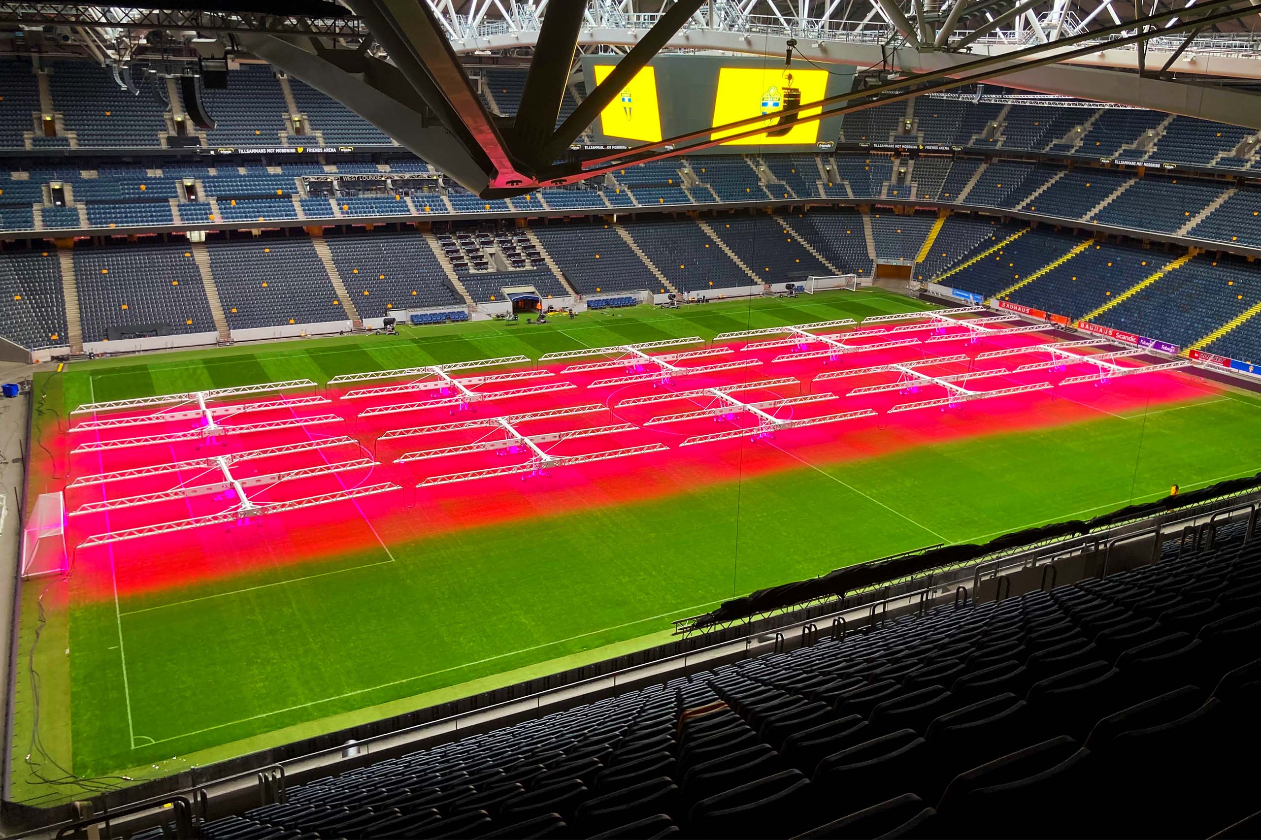 Ten SGL LED440 grow lighting systems on the pitch of the Friends Arena.