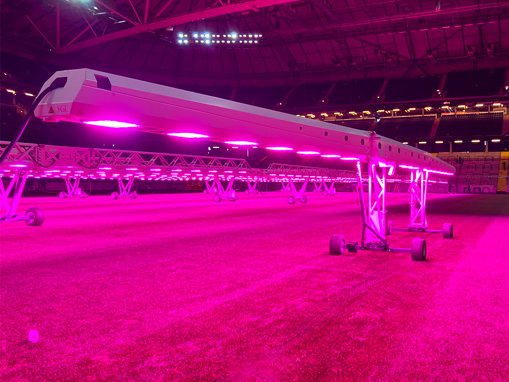 The SGL LED120 grow lighting system on the pitch of the Friends Arena with in the background the LED440 grow lights.