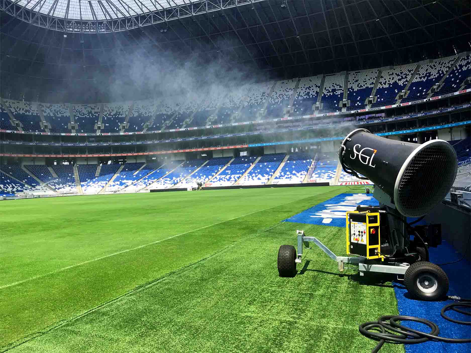 The SGL TC50 blows a spray of water across the pitch of the BBVA Stadium, home of C.F. Monterrey.