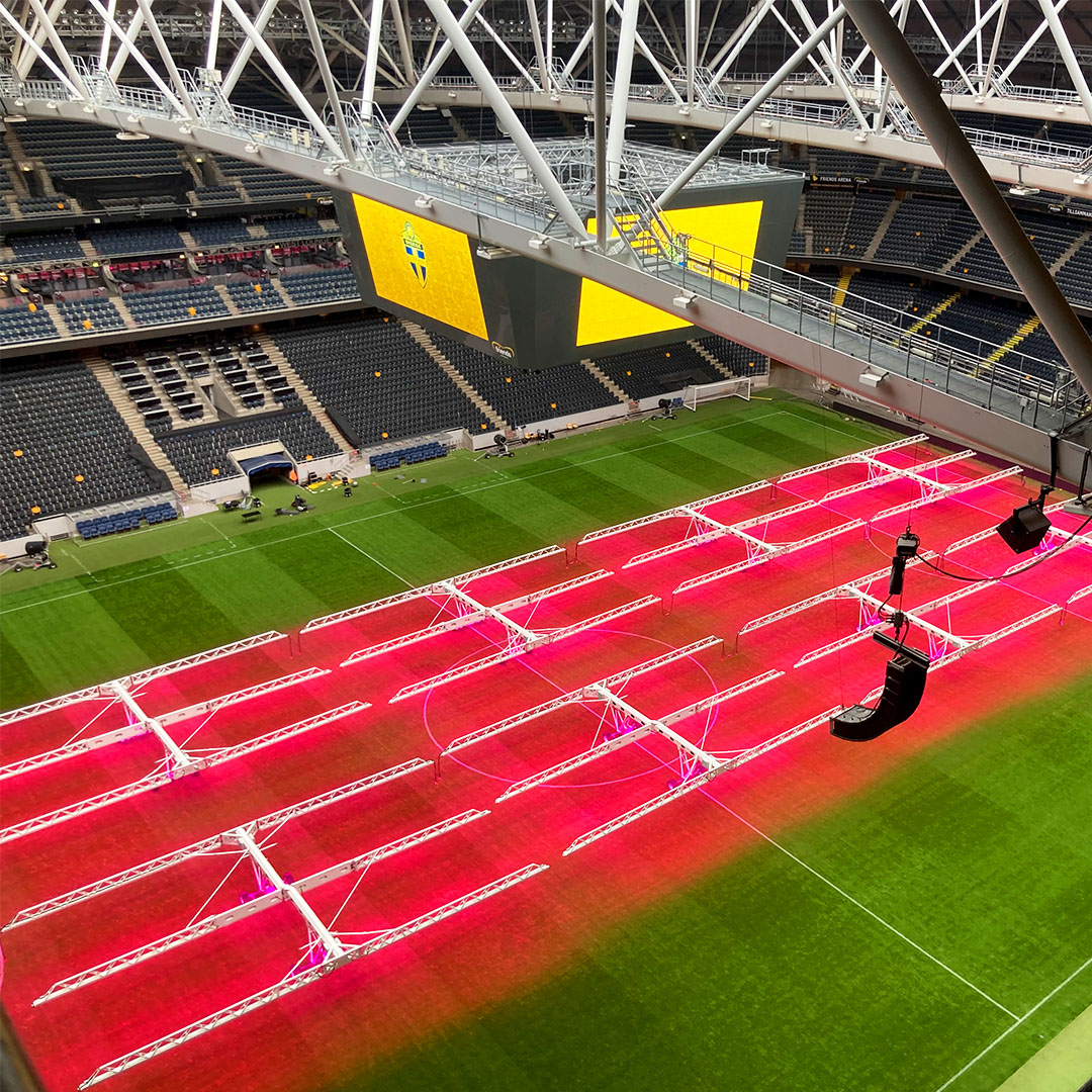 Ten SGL LED440 grow lights on the Friends Arena pitch.