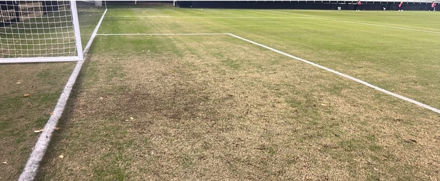 The goalmouth at Vanderbilt University before treatment with the SGL BU10 grow light shows wear and tear.