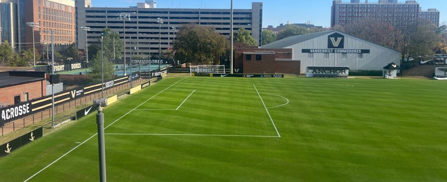 The north end of the Vanderbilt University grass playing surface shows great recovery after treatment with the SGL BU10 grow light.