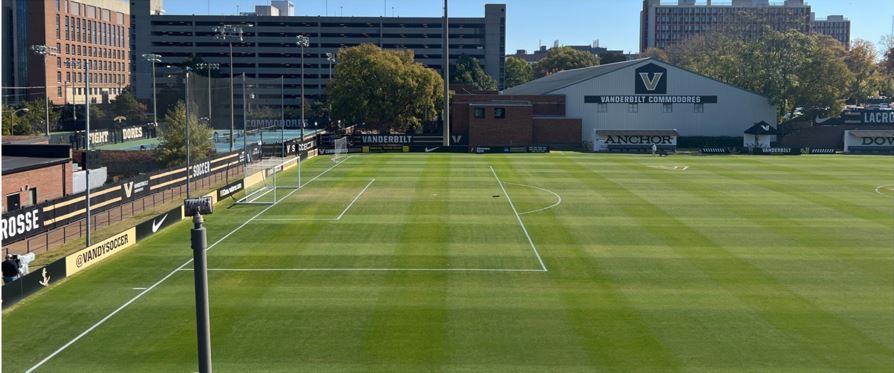 The north end of the grass playing surface at Vanderbilt University shows wear and tear.